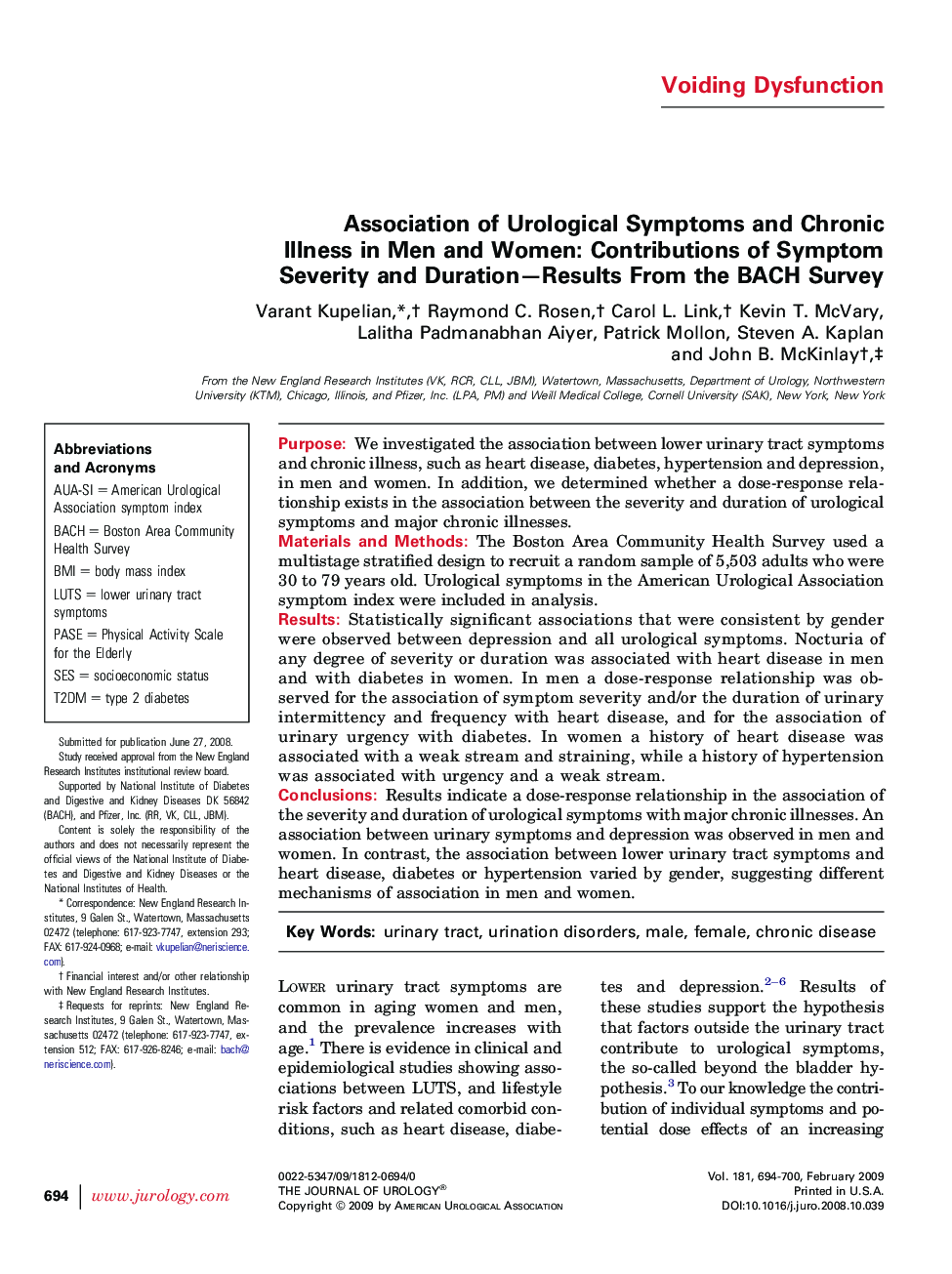 Association of Urological Symptoms and Chronic Illness in Men and Women: Contributions of Symptom Severity and Duration-Results From the BACH Survey