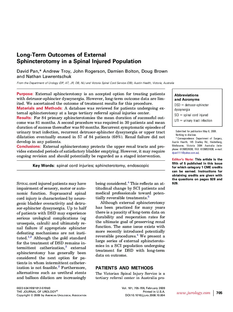 Long-Term Outcomes of External Sphincterotomy in a Spinal Injured Population 