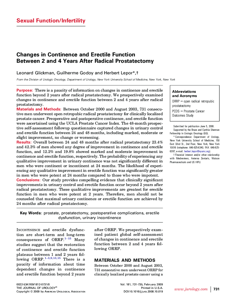 Changes in Continence and Erectile Function Between 2 and 4 Years After Radical Prostatectomy 