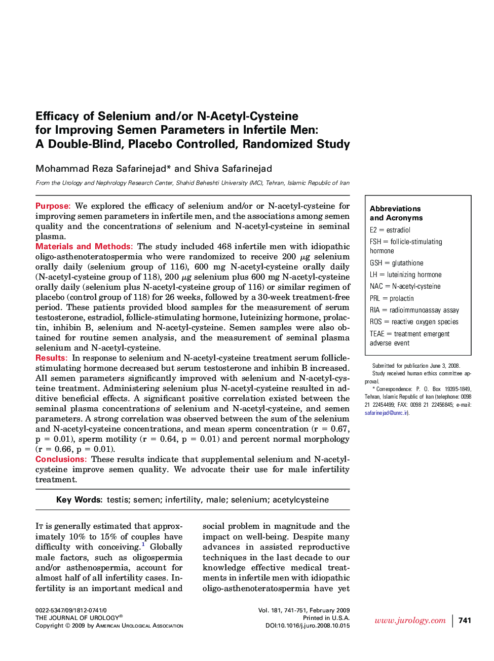 Efficacy of Selenium and/or N-Acetyl-Cysteine for Improving Semen Parameters in Infertile Men: A Double-Blind, Placebo Controlled, Randomized Study 