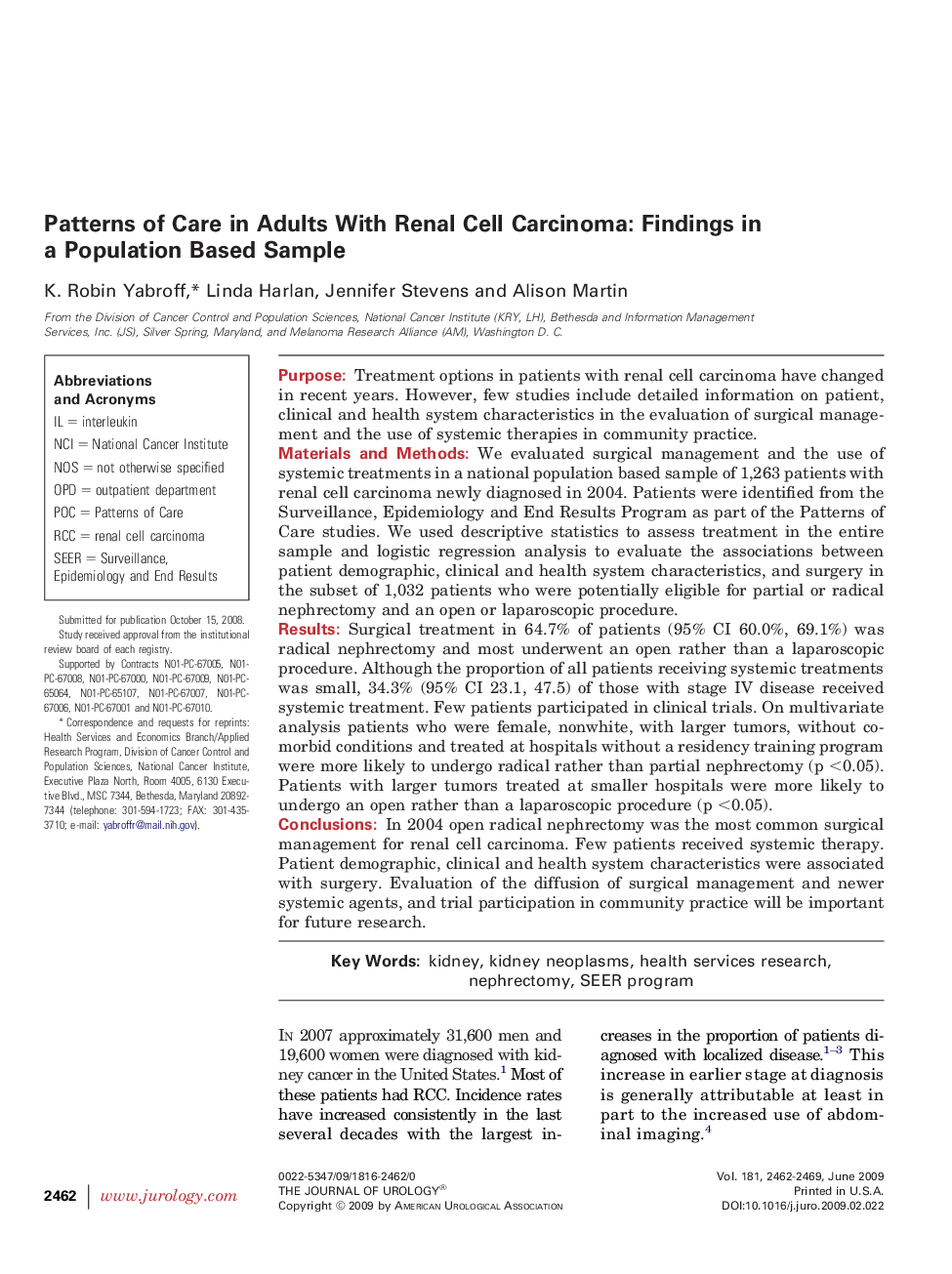 Patterns of Care in Adults With Renal Cell Carcinoma: Findings in a Population Based Sample