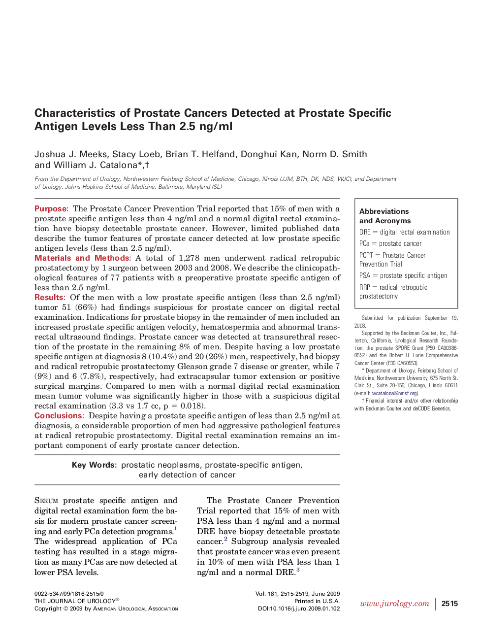 Characteristics of Prostate Cancers Detected at Prostate Specific Antigen Levels Less Than 2.5 ng/ml 