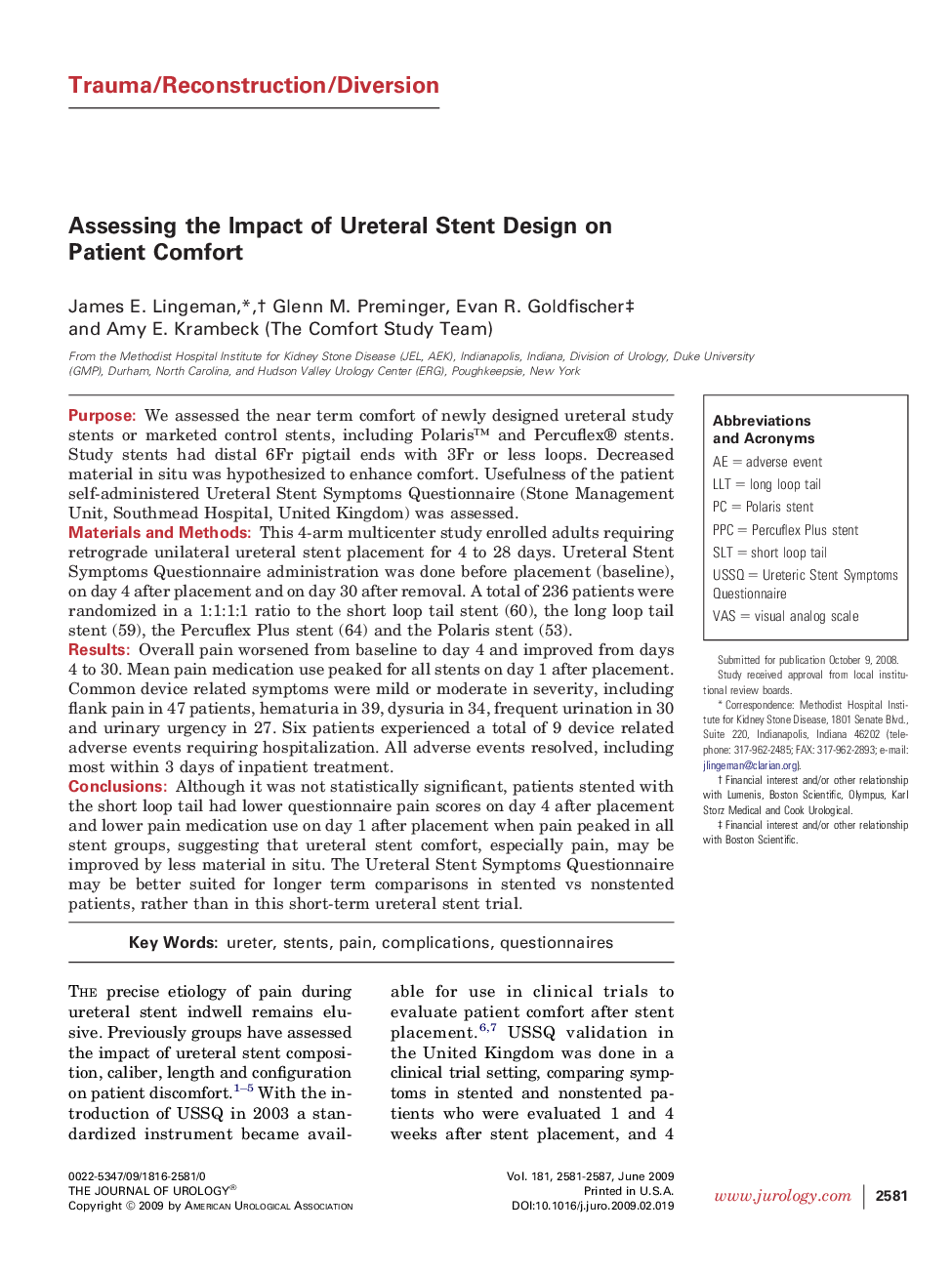 Assessing the Impact of Ureteral Stent Design on Patient Comfort