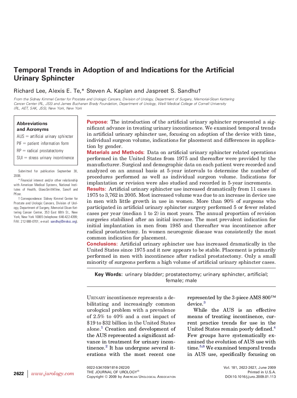 Temporal Trends in Adoption of and Indications for the Artificial Urinary Sphincter