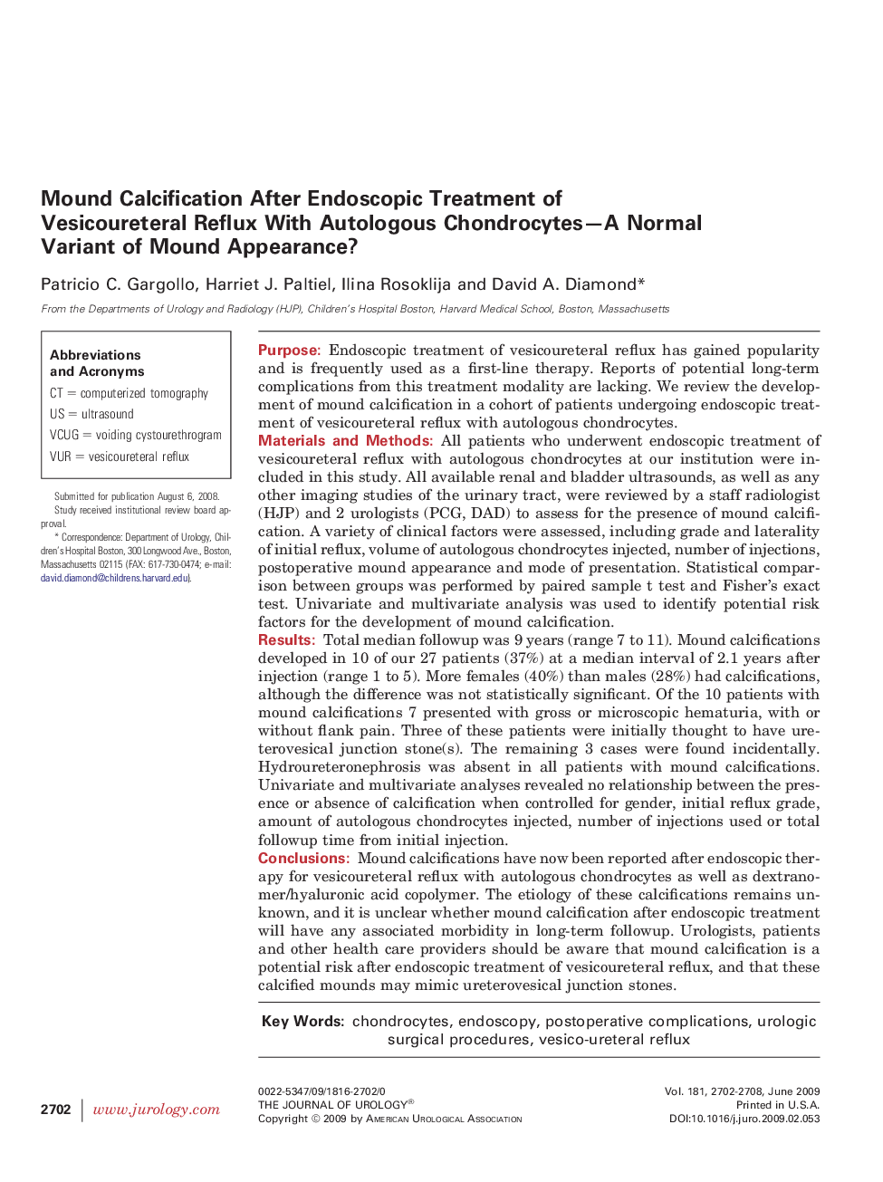 Mound Calcification After Endoscopic Treatment of Vesicoureteral Reflux With Autologous Chondrocytes—A Normal Variant of Mound Appearance? 