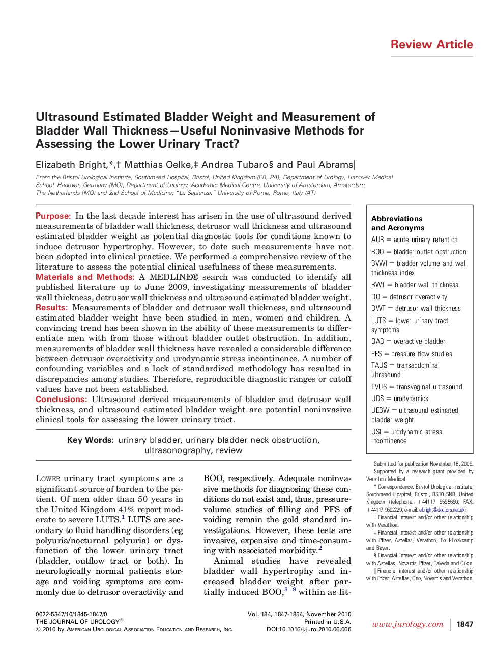 Ultrasound Estimated Bladder Weight and Measurement of Bladder Wall Thickness—Useful Noninvasive Methods for Assessing the Lower Urinary Tract? 