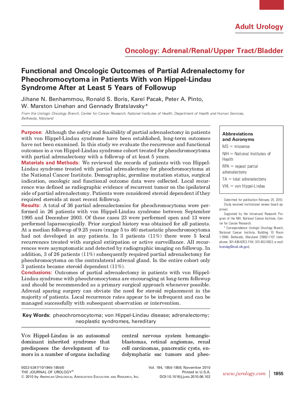 Functional and Oncologic Outcomes of Partial Adrenalectomy for Pheochromocytoma in Patients With von Hippel-Lindau Syndrome After at Least 5 Years of Followup 