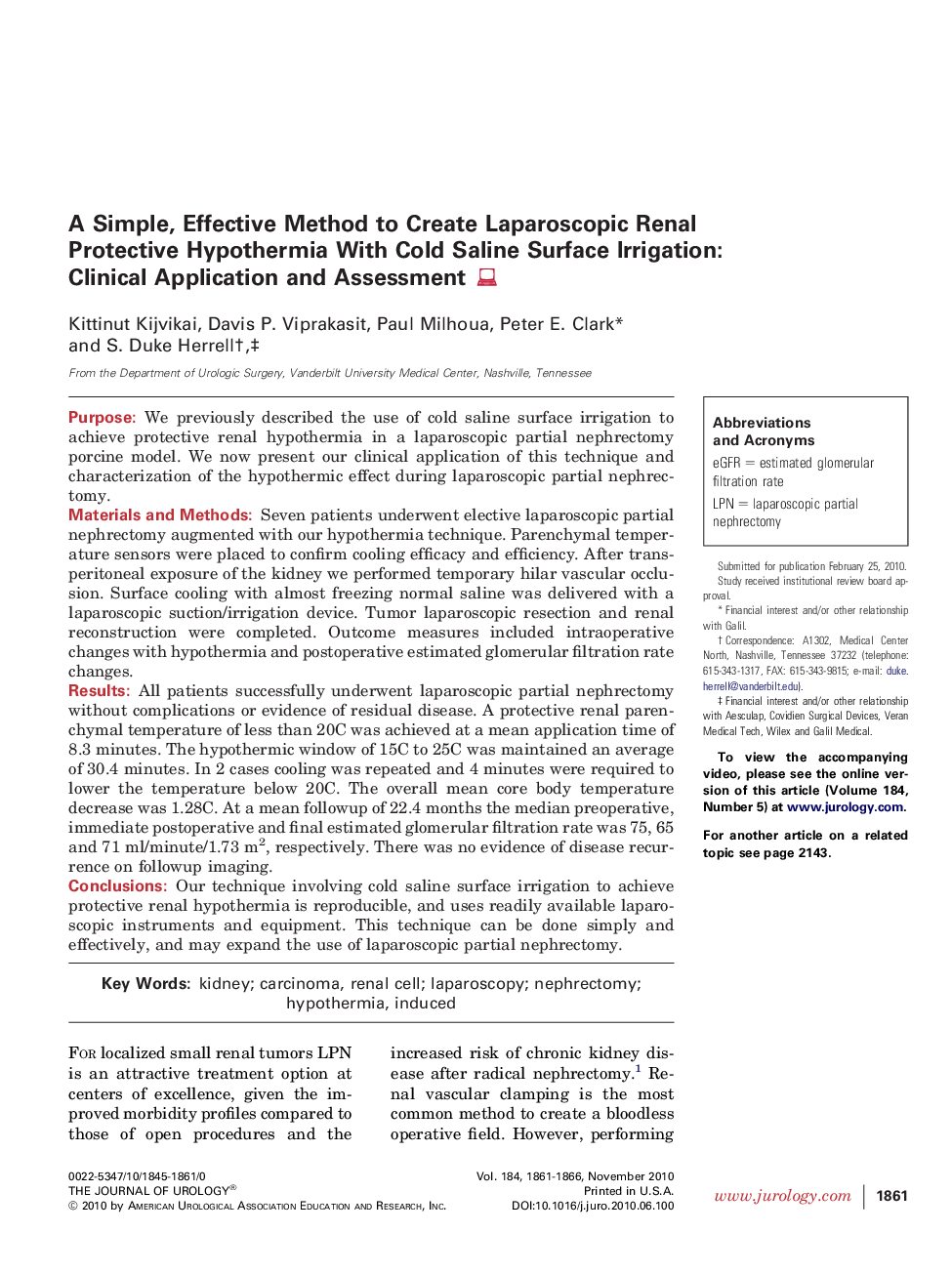 A Simple, Effective Method to Create Laparoscopic Renal Protective Hypothermia With Cold Saline Surface Irrigation: Clinical Application and Assessment 