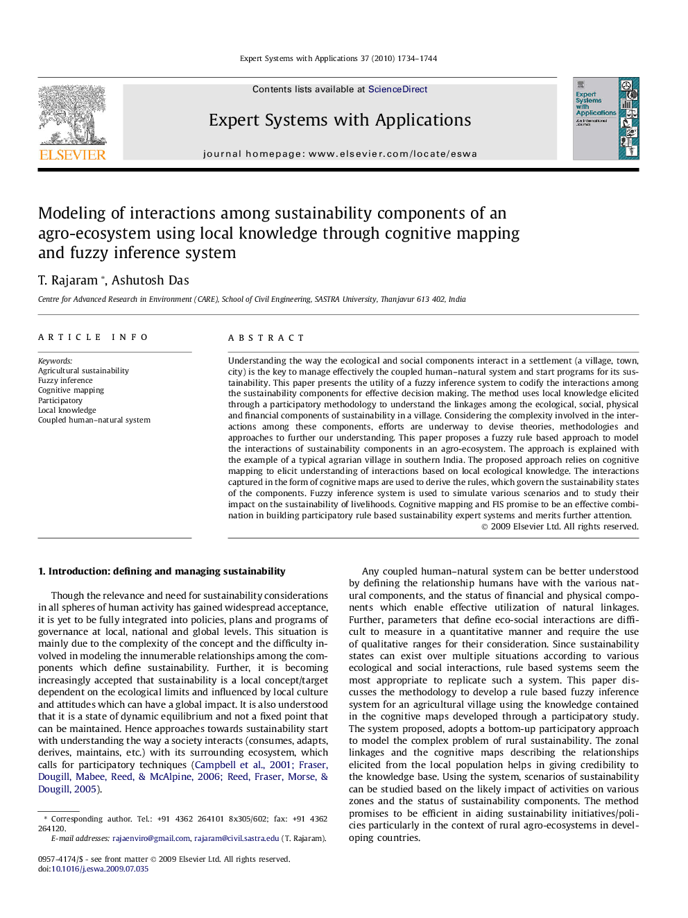 Modeling of interactions among sustainability components of an agro-ecosystem using local knowledge through cognitive mapping and fuzzy inference system