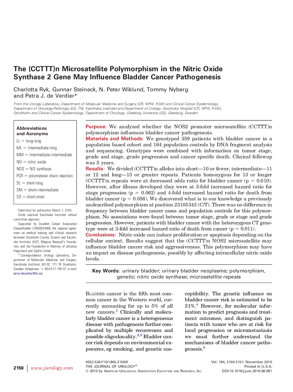 The (CCTTT)n Microsatellite Polymorphism in the Nitric Oxide Synthase 2 Gene May Influence Bladder Cancer Pathogenesis 