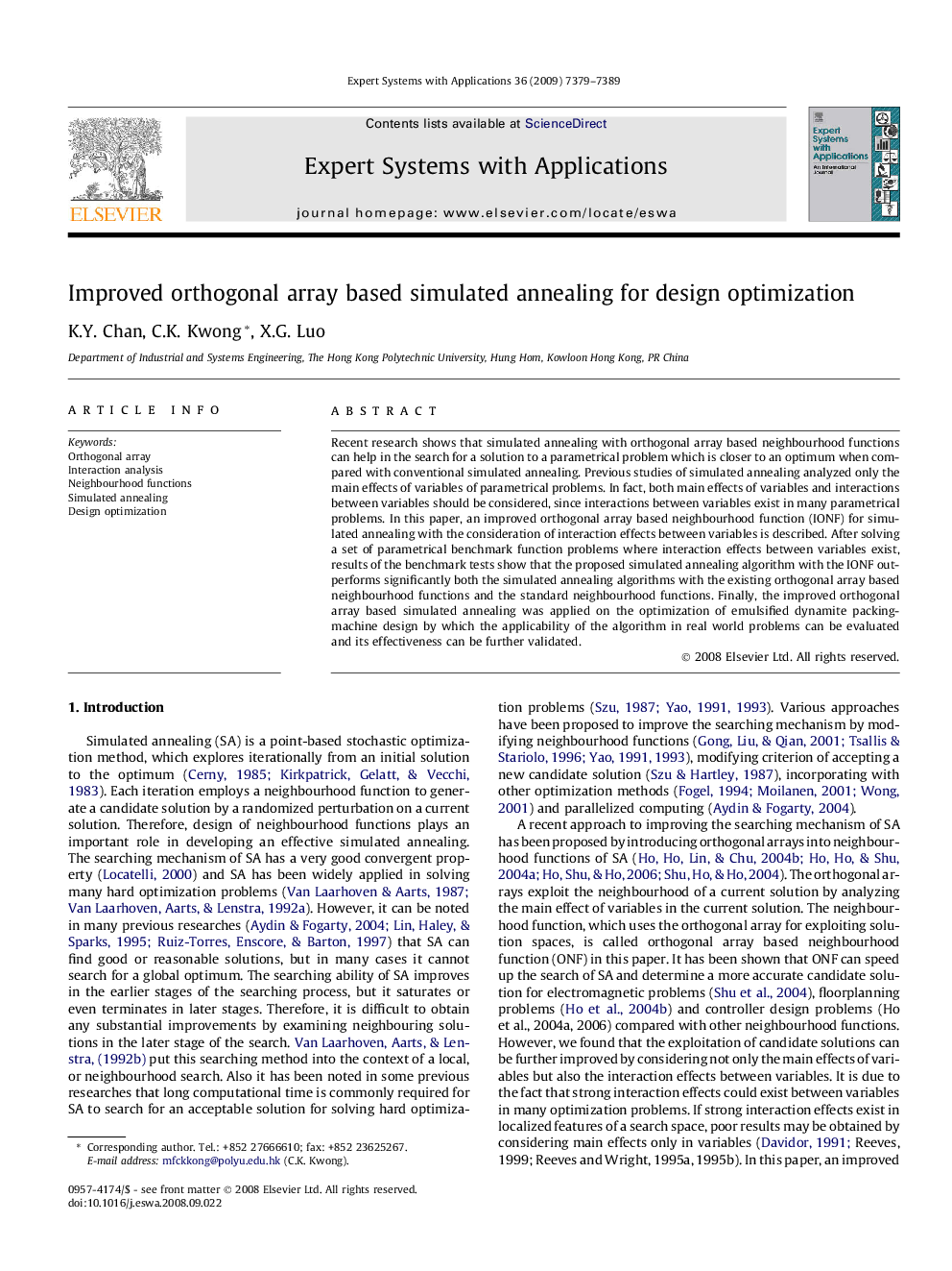 Improved orthogonal array based simulated annealing for design optimization