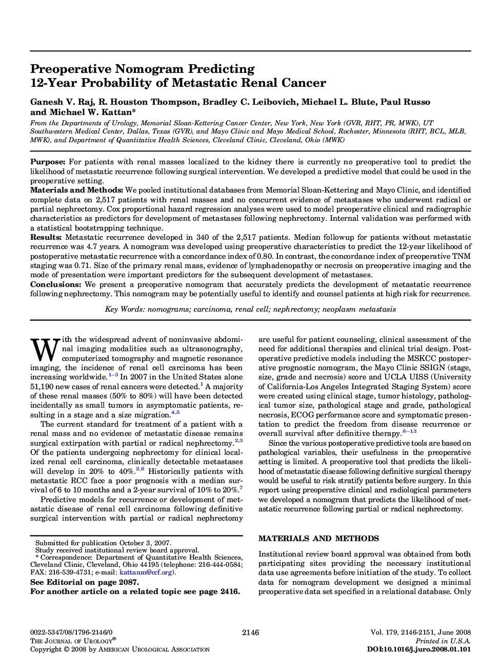 Preoperative Nomogram Predicting 12-Year Probability of Metastatic Renal Cancer