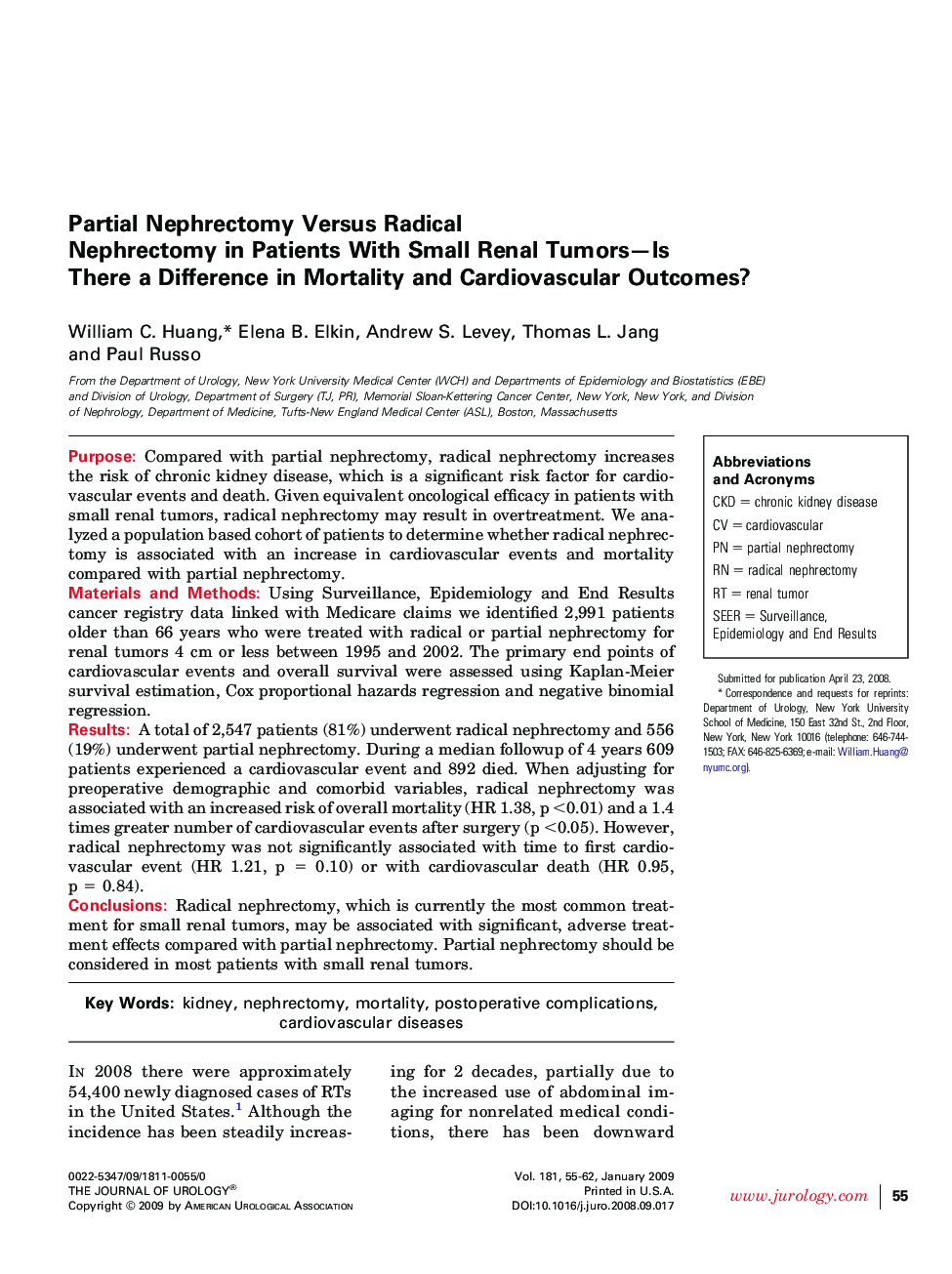 Partial Nephrectomy Versus Radical Nephrectomy in Patients With Small Renal Tumors—Is There a Difference in Mortality and Cardiovascular Outcomes?