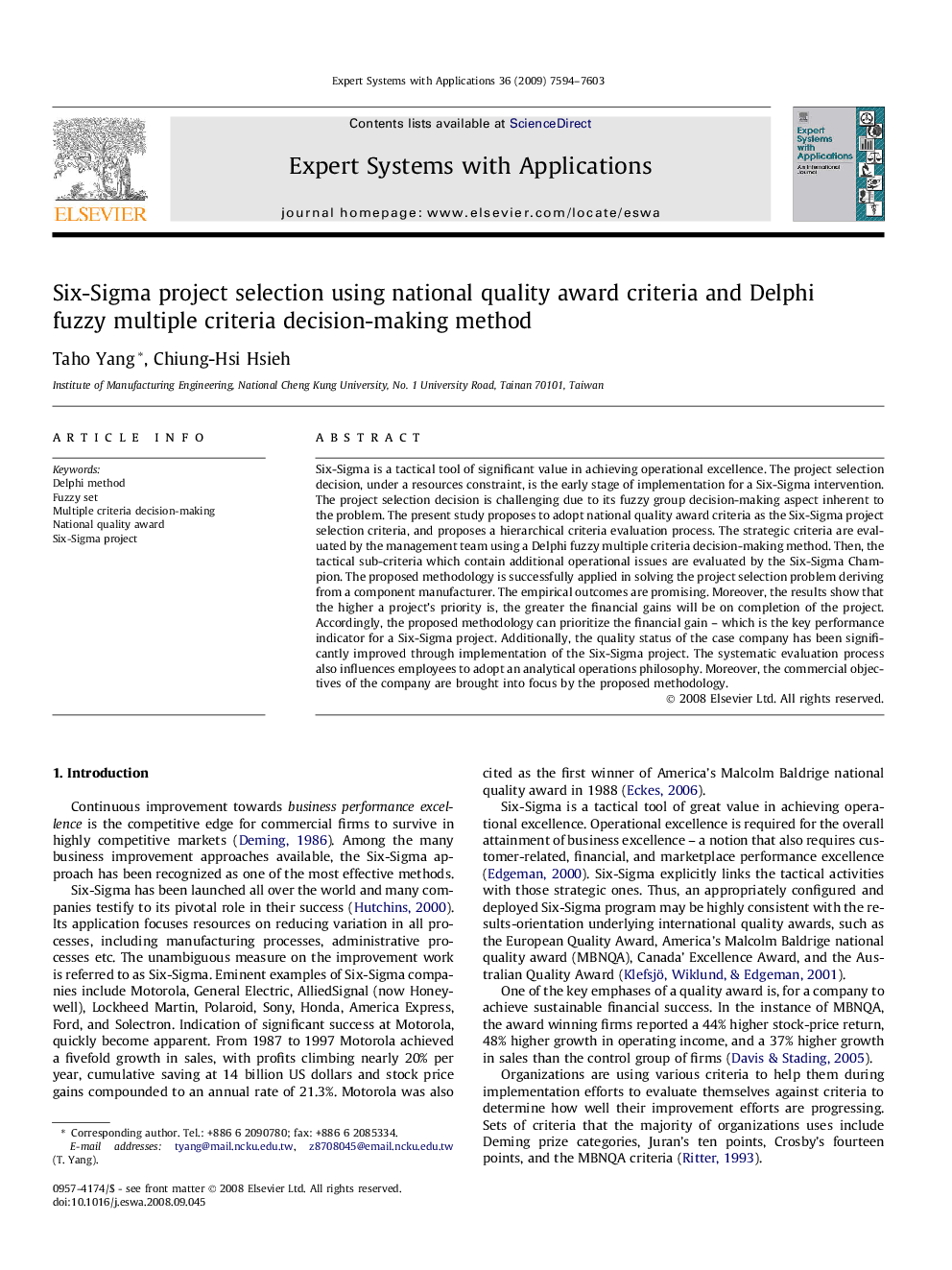 Six-Sigma project selection using national quality award criteria and Delphi fuzzy multiple criteria decision-making method