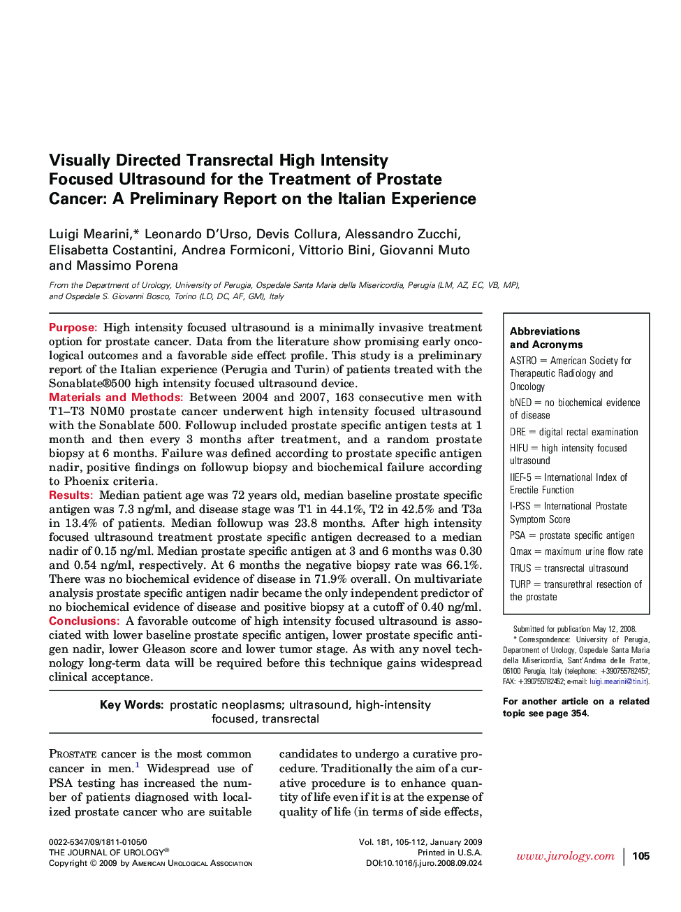 Visually Directed Transrectal High Intensity Focused Ultrasound for the Treatment of Prostate Cancer: A Preliminary Report on the Italian Experience 