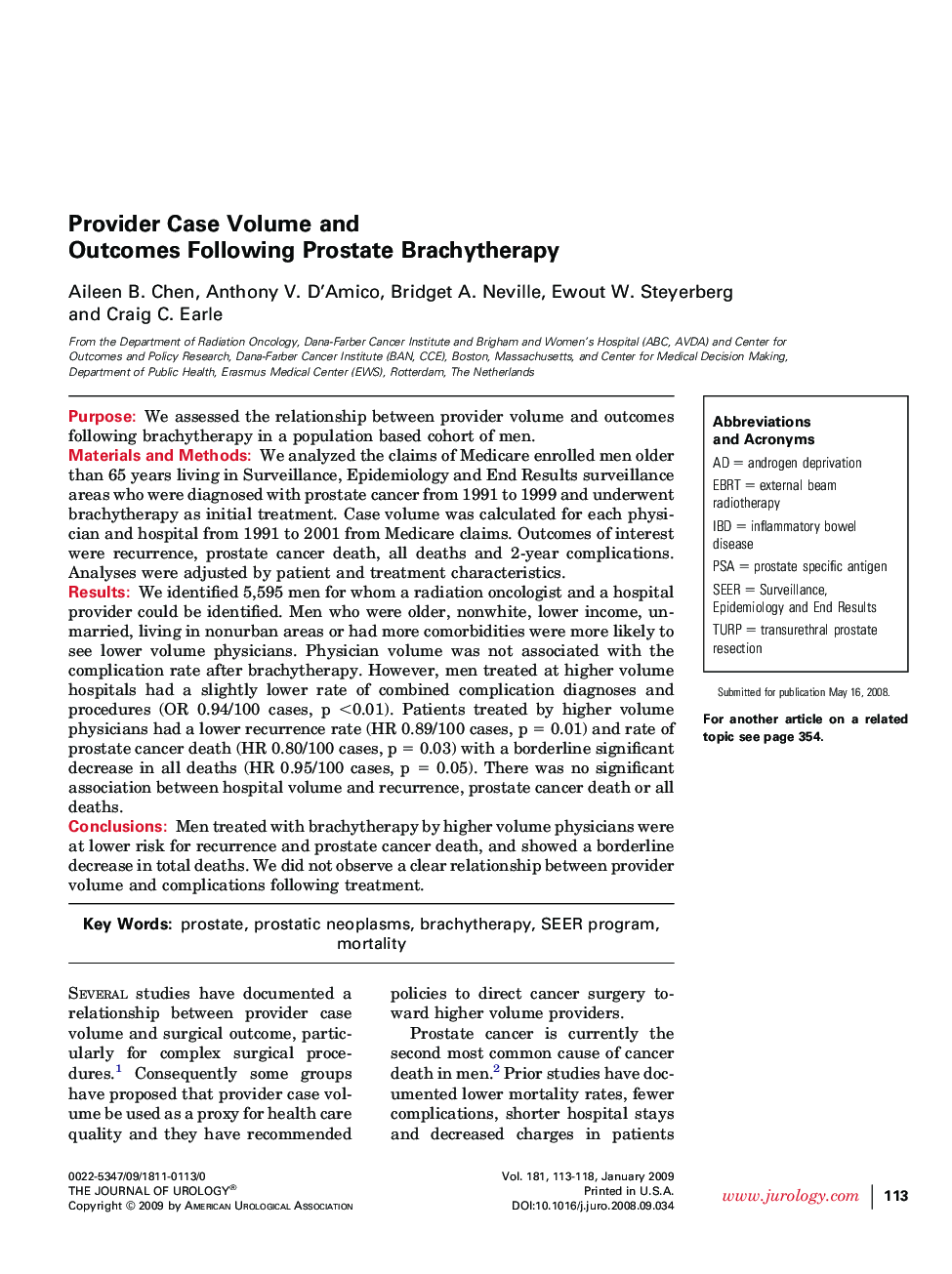 Provider Case Volume and Outcomes Following Prostate Brachytherapy 