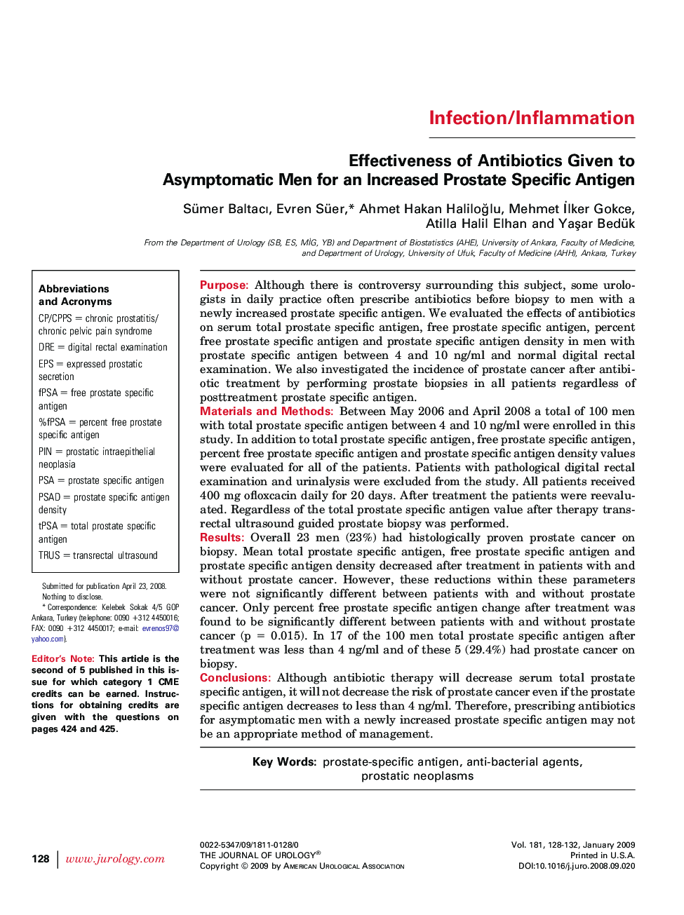 Effectiveness of Antibiotics Given to Asymptomatic Men for an Increased Prostate Specific Antigen