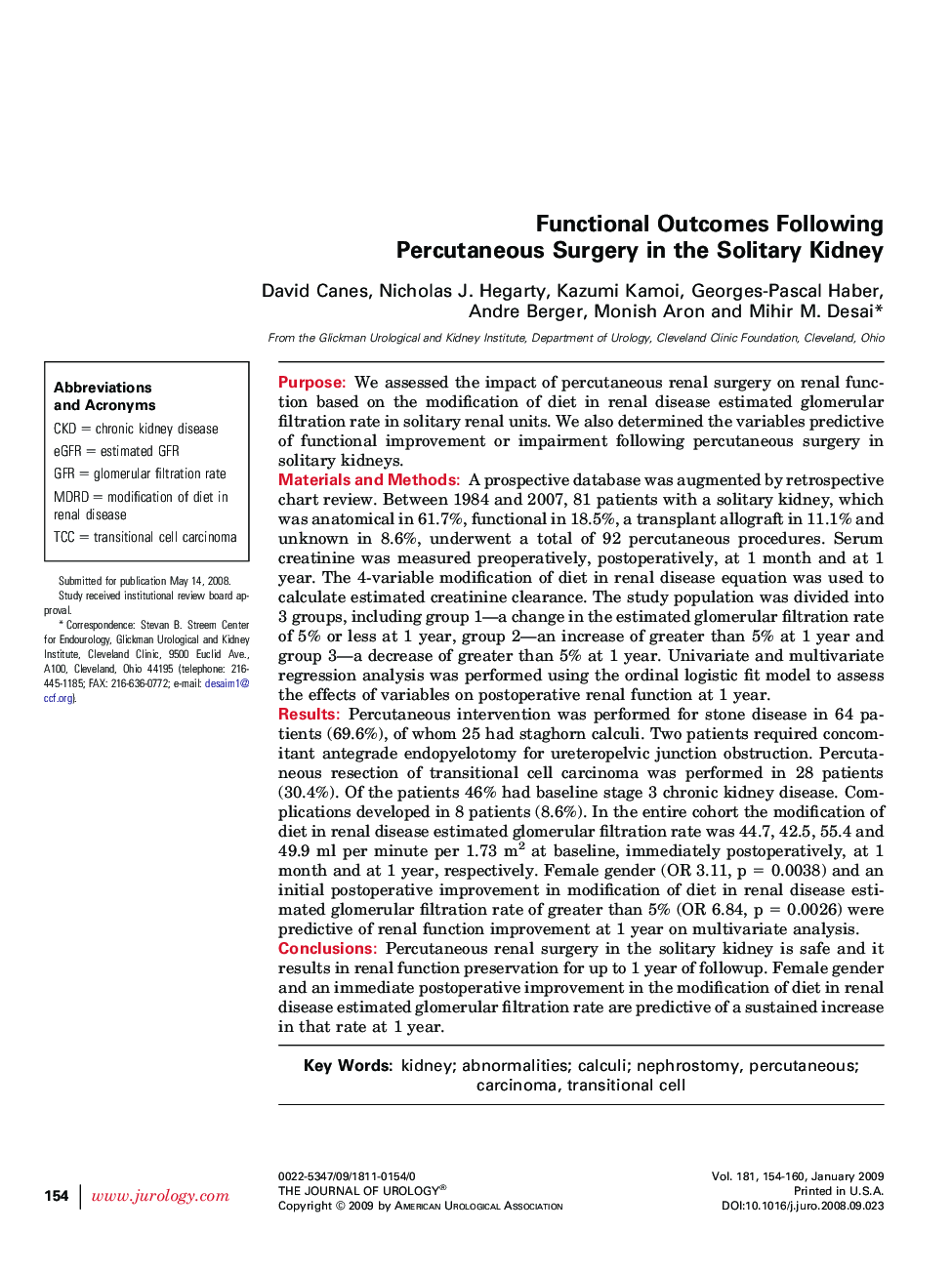 Functional Outcomes Following Percutaneous Surgery in the Solitary Kidney 