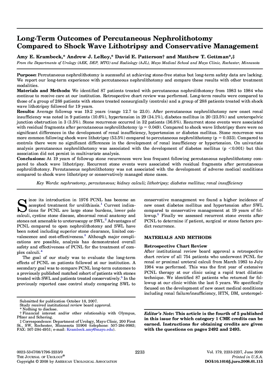 Long-Term Outcomes of Percutaneous Nephrolithotomy Compared to Shock Wave Lithotripsy and Conservative Management 