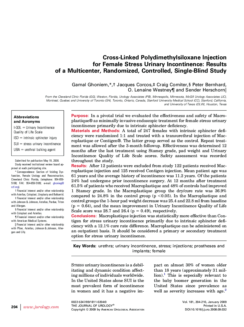 Cross-Linked Polydimethylsiloxane Injection for Female Stress Urinary Incontinence: Results of a Multicenter, Randomized, Controlled, Single-Blind Study