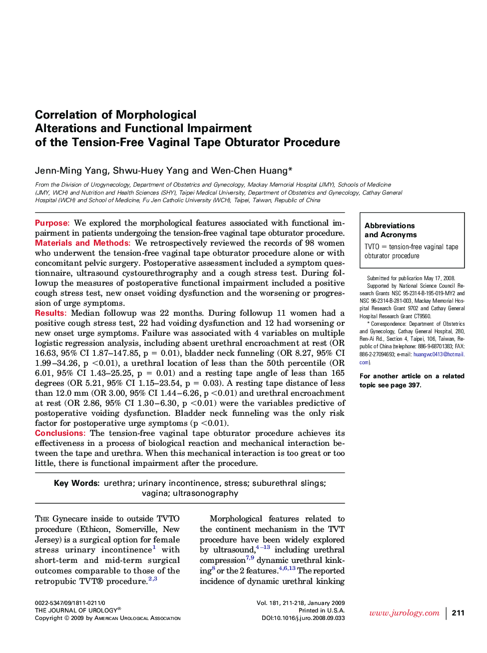 Correlation of Morphological Alterations and Functional Impairment of the Tension-Free Vaginal Tape Obturator Procedure 