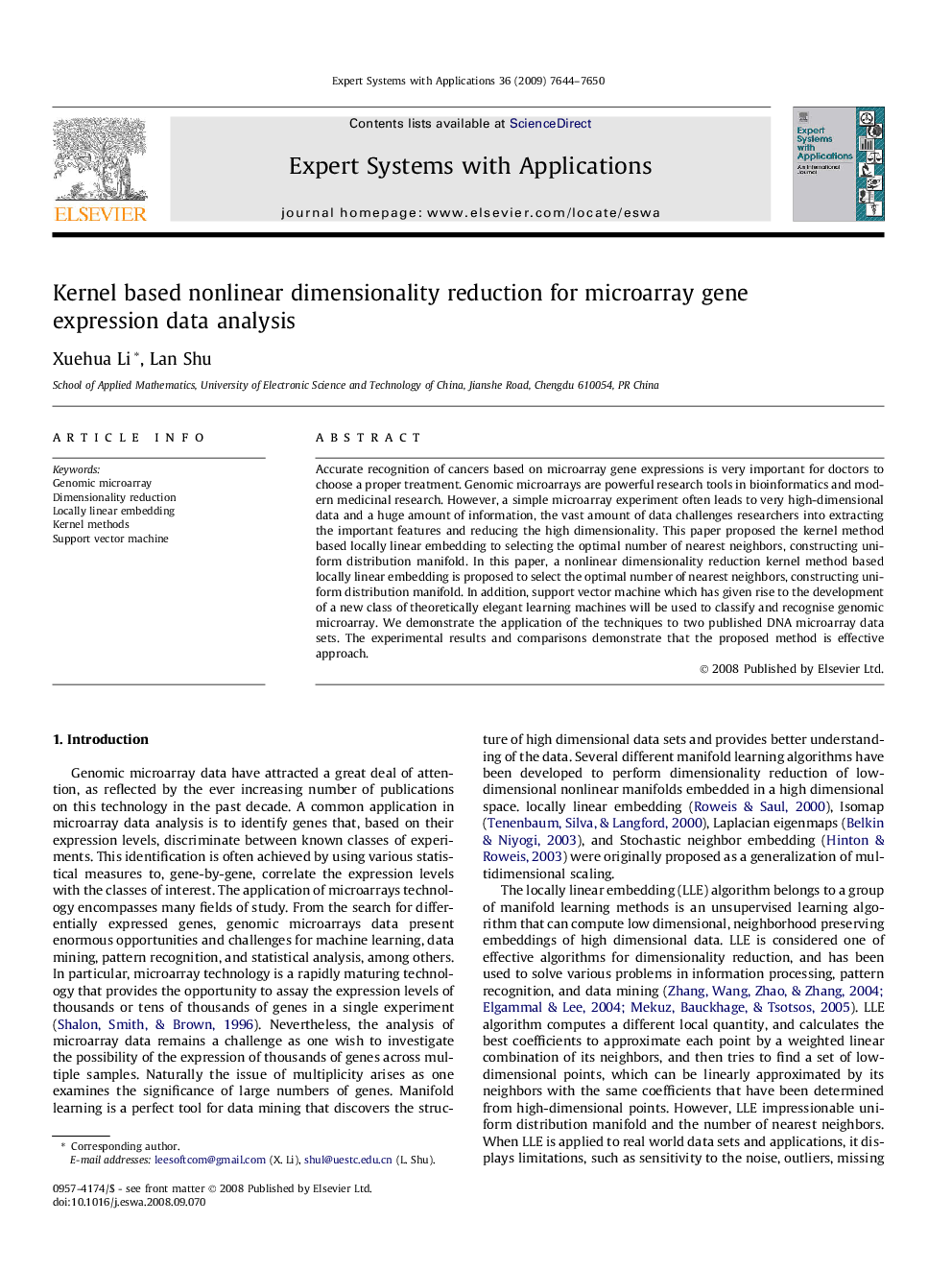 Kernel based nonlinear dimensionality reduction for microarray gene expression data analysis