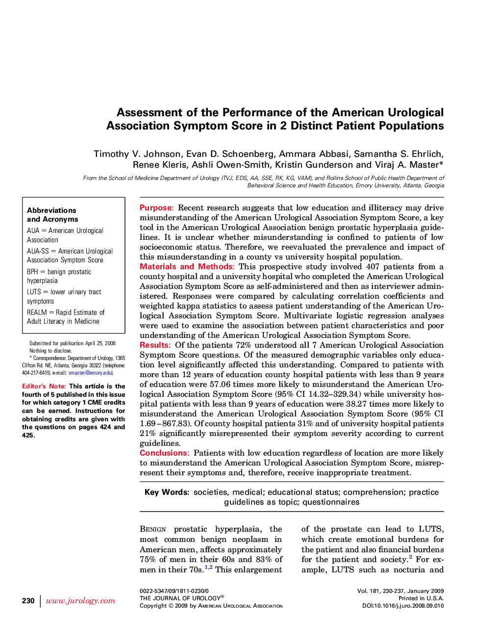 Assessment of the Performance of the American Urological Association Symptom Score in 2 Distinct Patient Populations 