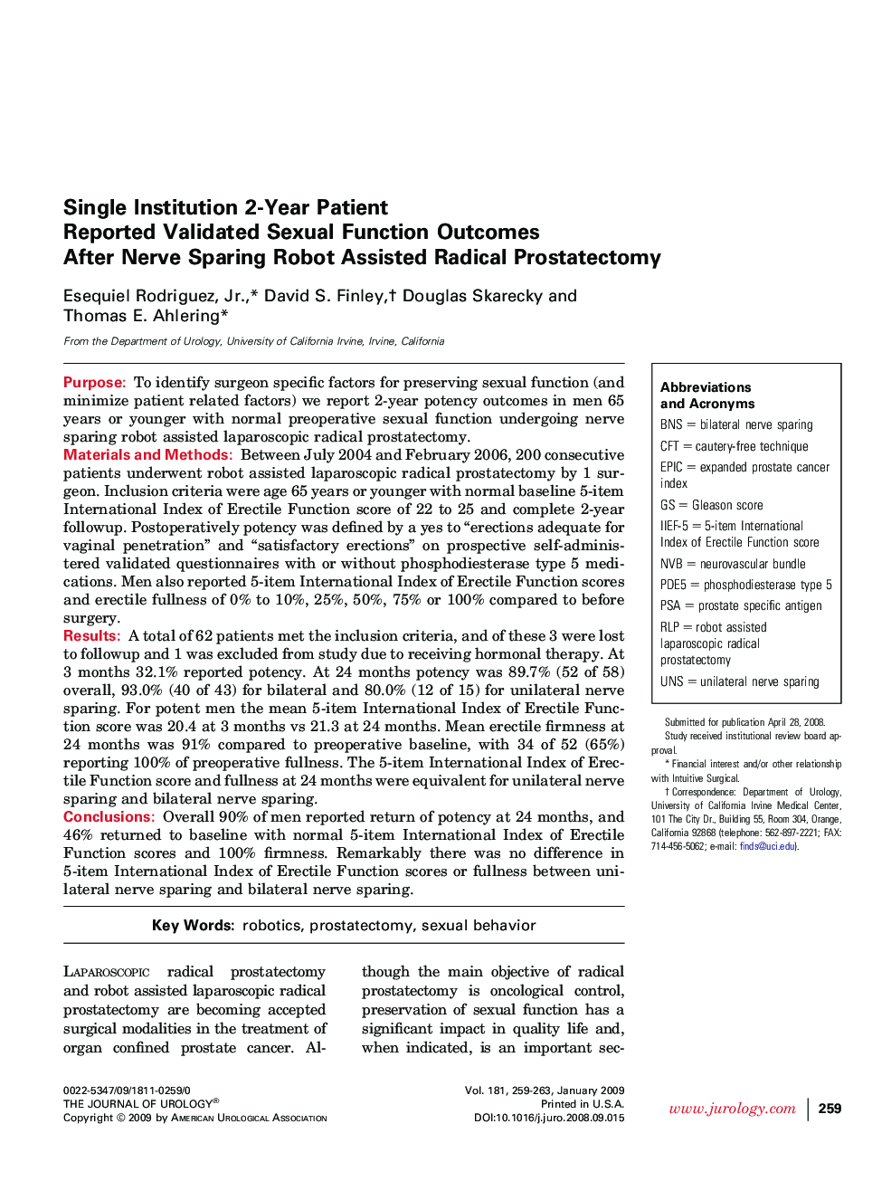 Single Institution 2-Year Patient Reported Validated Sexual Function Outcomes After Nerve Sparing Robot Assisted Radical Prostatectomy 