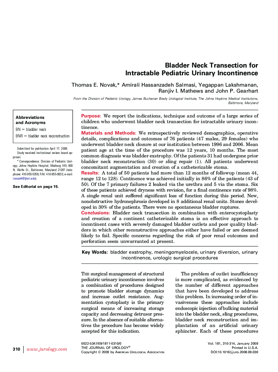Bladder Neck Transection for Intractable Pediatric Urinary Incontinence