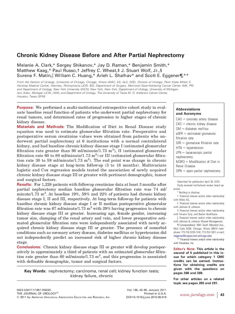 Chronic Kidney Disease Before and After Partial Nephrectomy 