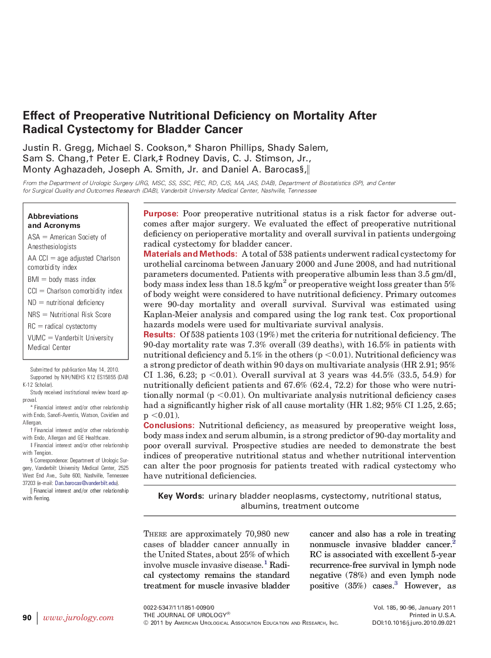 Effect of Preoperative Nutritional Deficiency on Mortality After Radical Cystectomy for Bladder Cancer 