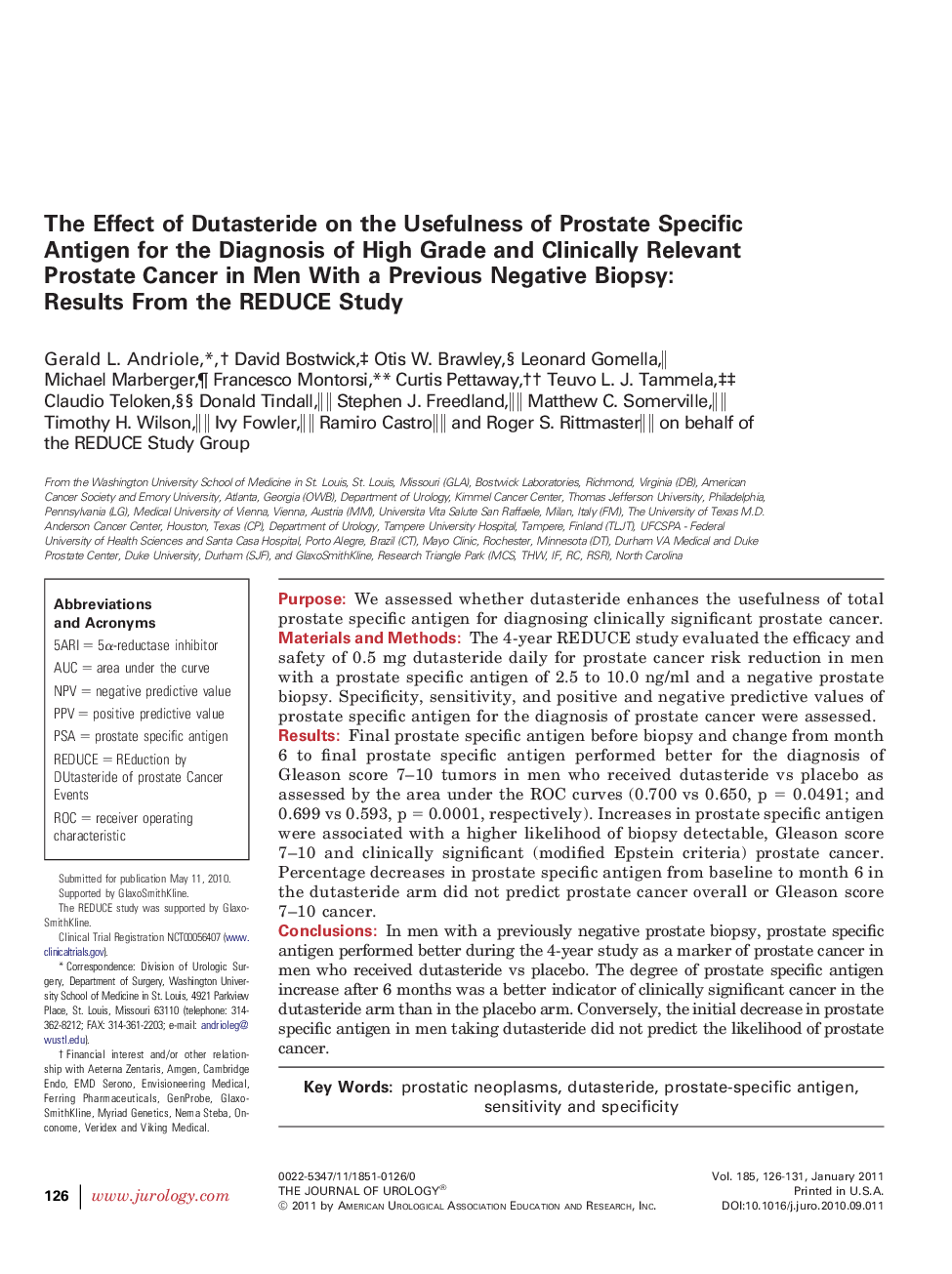 The Effect of Dutasteride on the Usefulness of Prostate Specific Antigen for the Diagnosis of High Grade and Clinically Relevant Prostate Cancer in Men With a Previous Negative Biopsy: Results From the REDUCE Study 