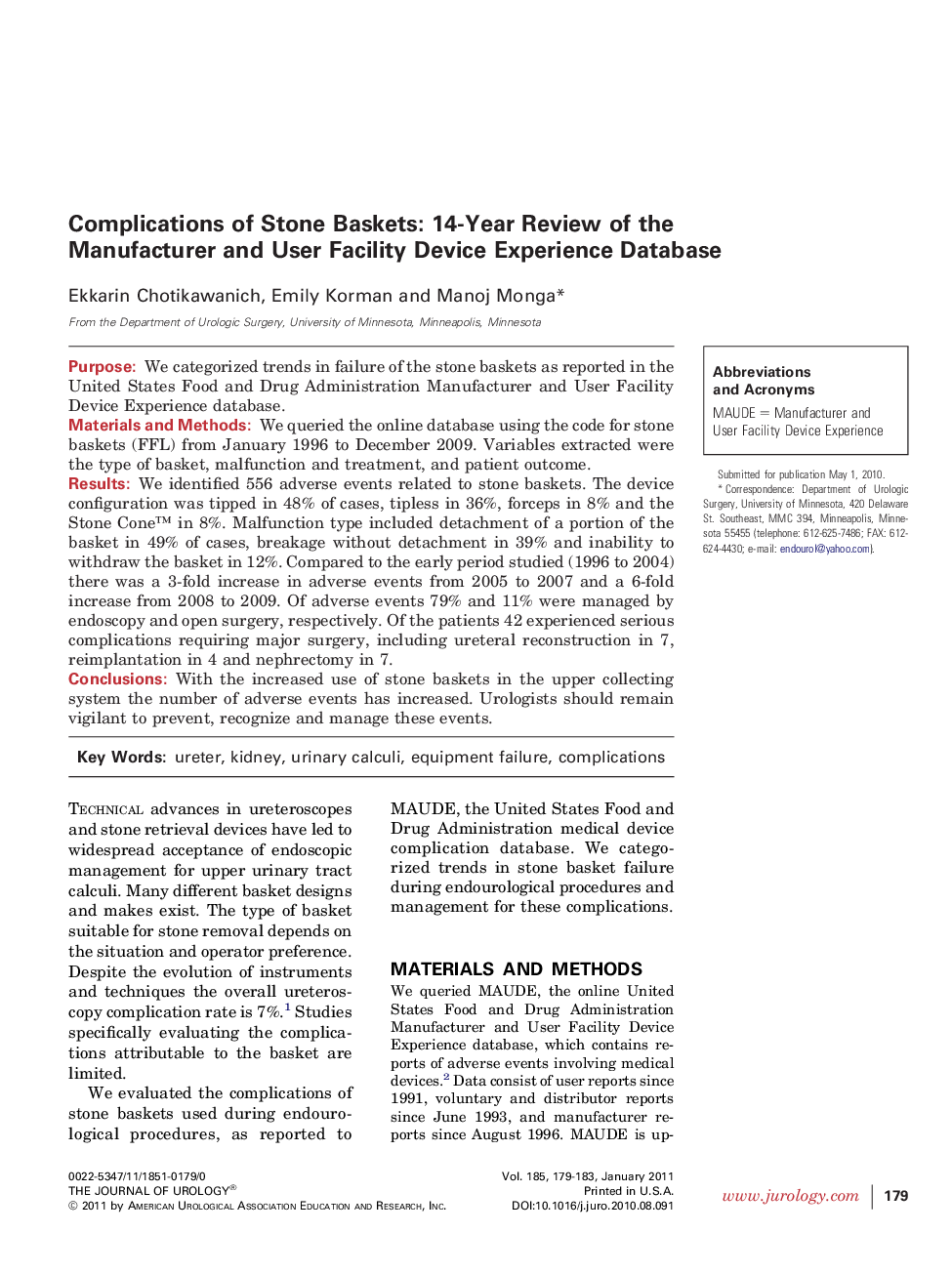 Complications of Stone Baskets: 14-Year Review of the Manufacturer and User Facility Device Experience Database