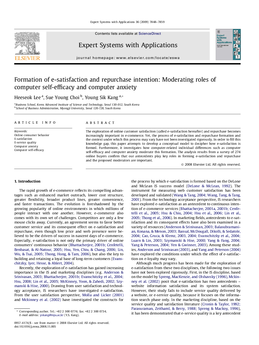 Formation of e-satisfaction and repurchase intention: Moderating roles of computer self-efficacy and computer anxiety