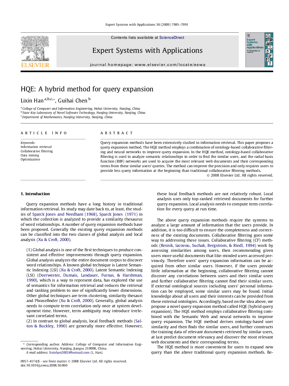 HQE: A hybrid method for query expansion