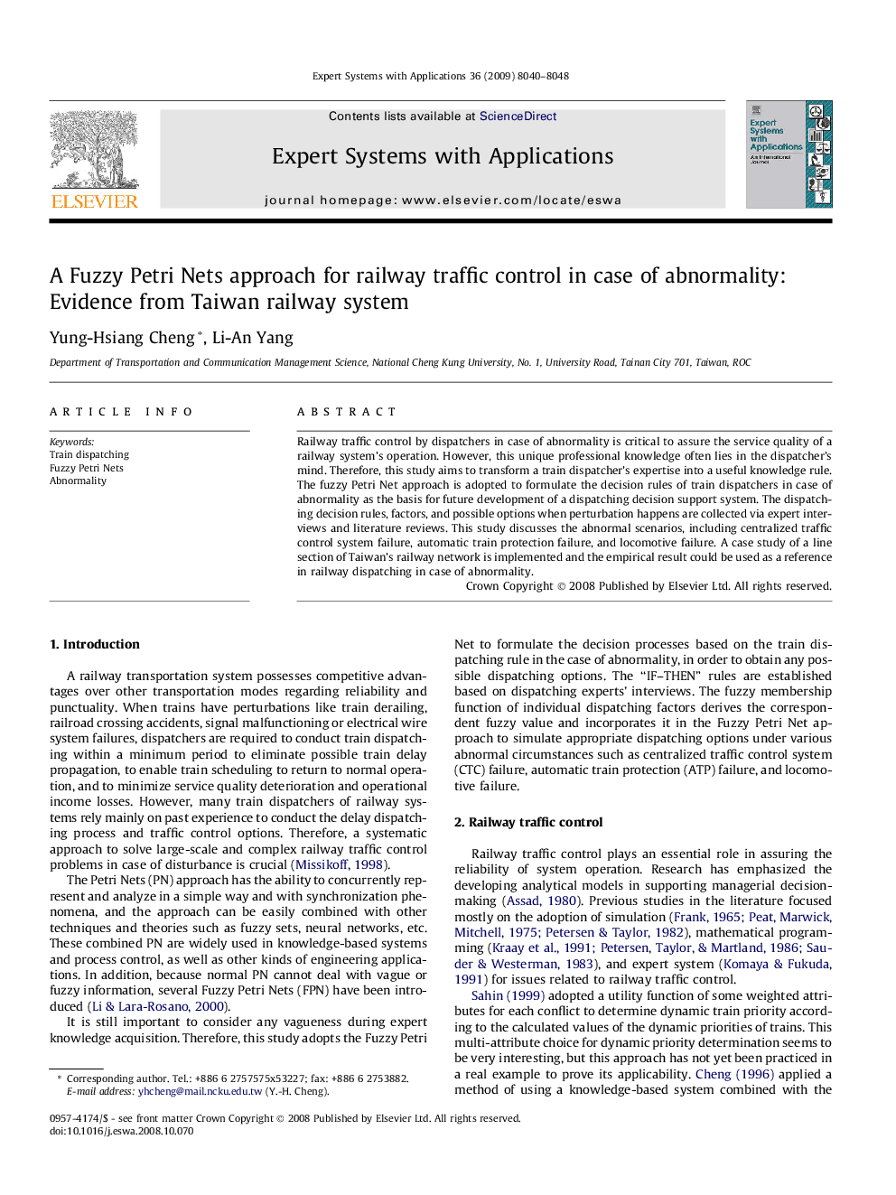 A Fuzzy Petri Nets approach for railway traffic control in case of abnormality: Evidence from Taiwan railway system