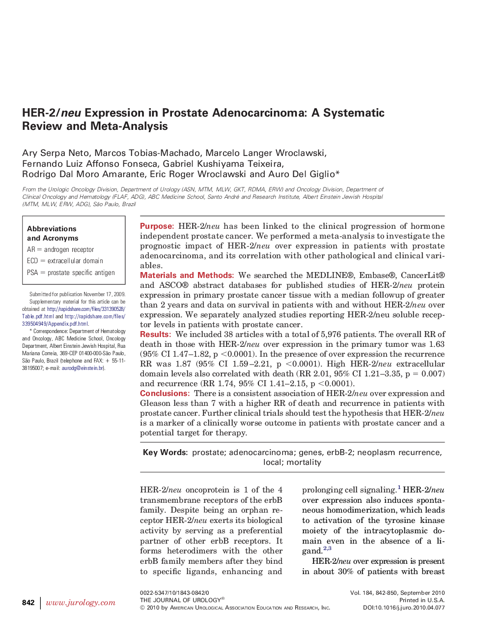 HER-2/neu Expression in Prostate Adenocarcinoma: A Systematic Review and Meta-Analysis 