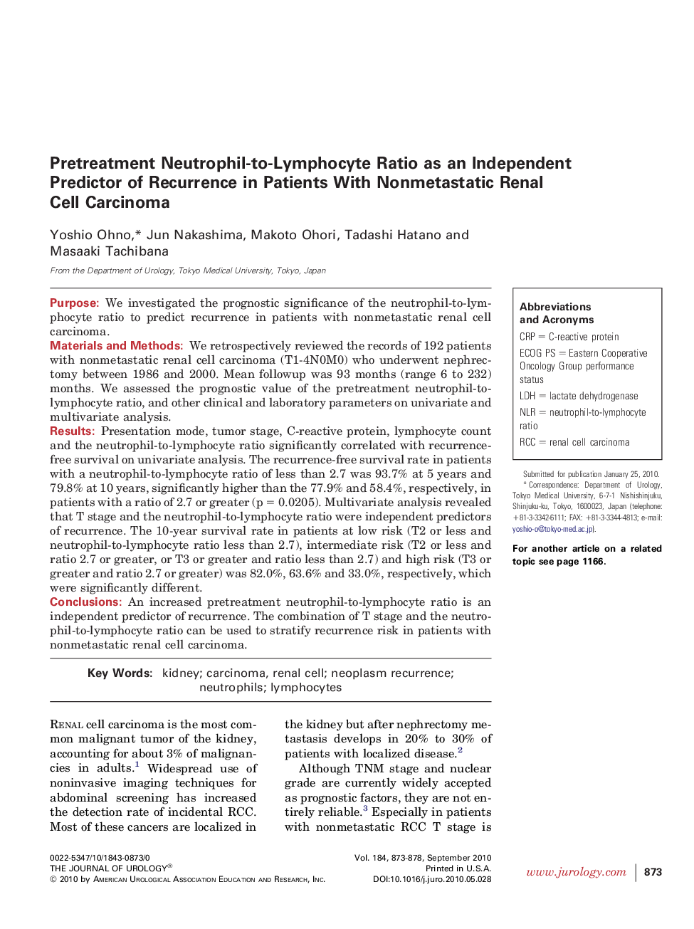 Pretreatment Neutrophil-to-Lymphocyte Ratio as an Independent Predictor of Recurrence in Patients With Nonmetastatic Renal Cell Carcinoma 