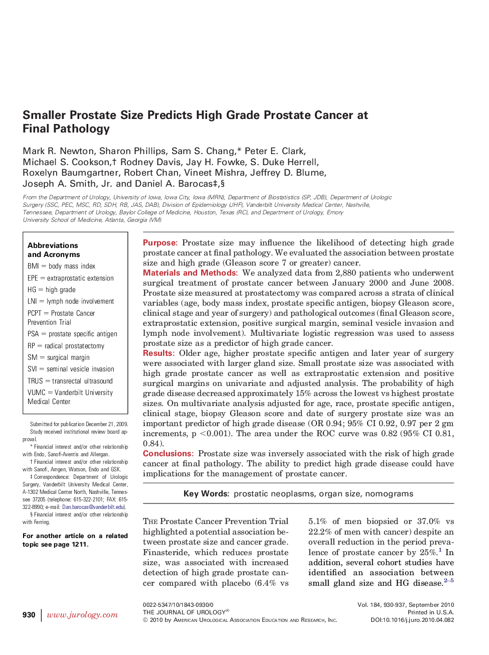 Smaller Prostate Size Predicts High Grade Prostate Cancer at Final Pathology 