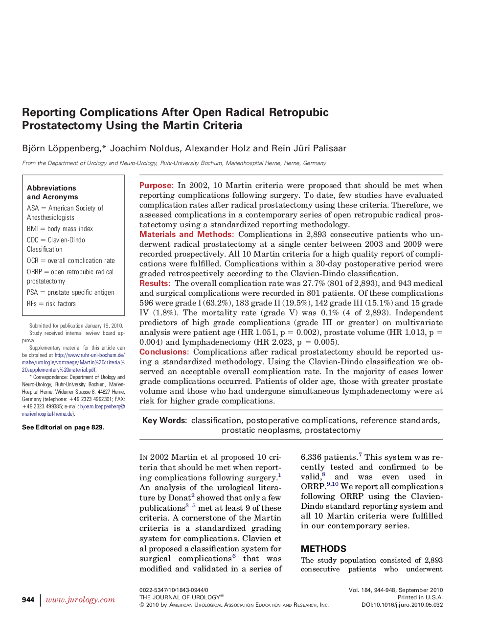 Reporting Complications After Open Radical Retropubic Prostatectomy Using the Martin Criteria 