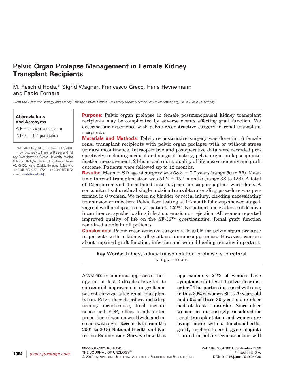 Pelvic Organ Prolapse Management in Female Kidney Transplant Recipients