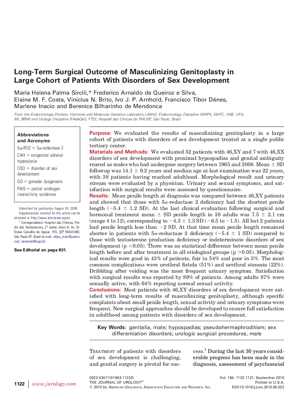 Long-Term Surgical Outcome of Masculinizing Genitoplasty in Large Cohort of Patients With Disorders of Sex Development 