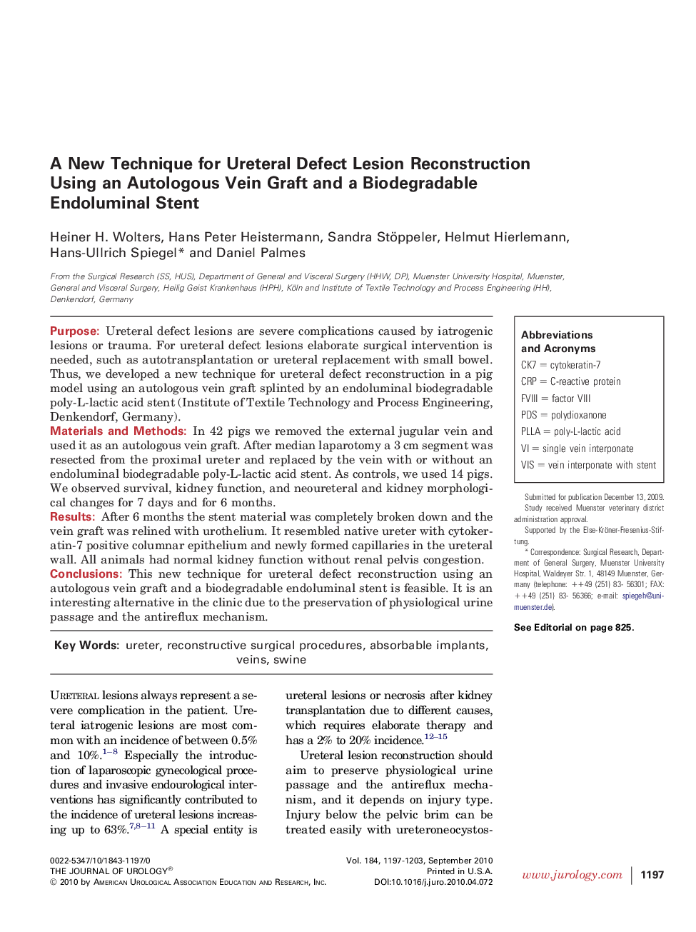 A New Technique for Ureteral Defect Lesion Reconstruction Using an Autologous Vein Graft and a Biodegradable Endoluminal Stent