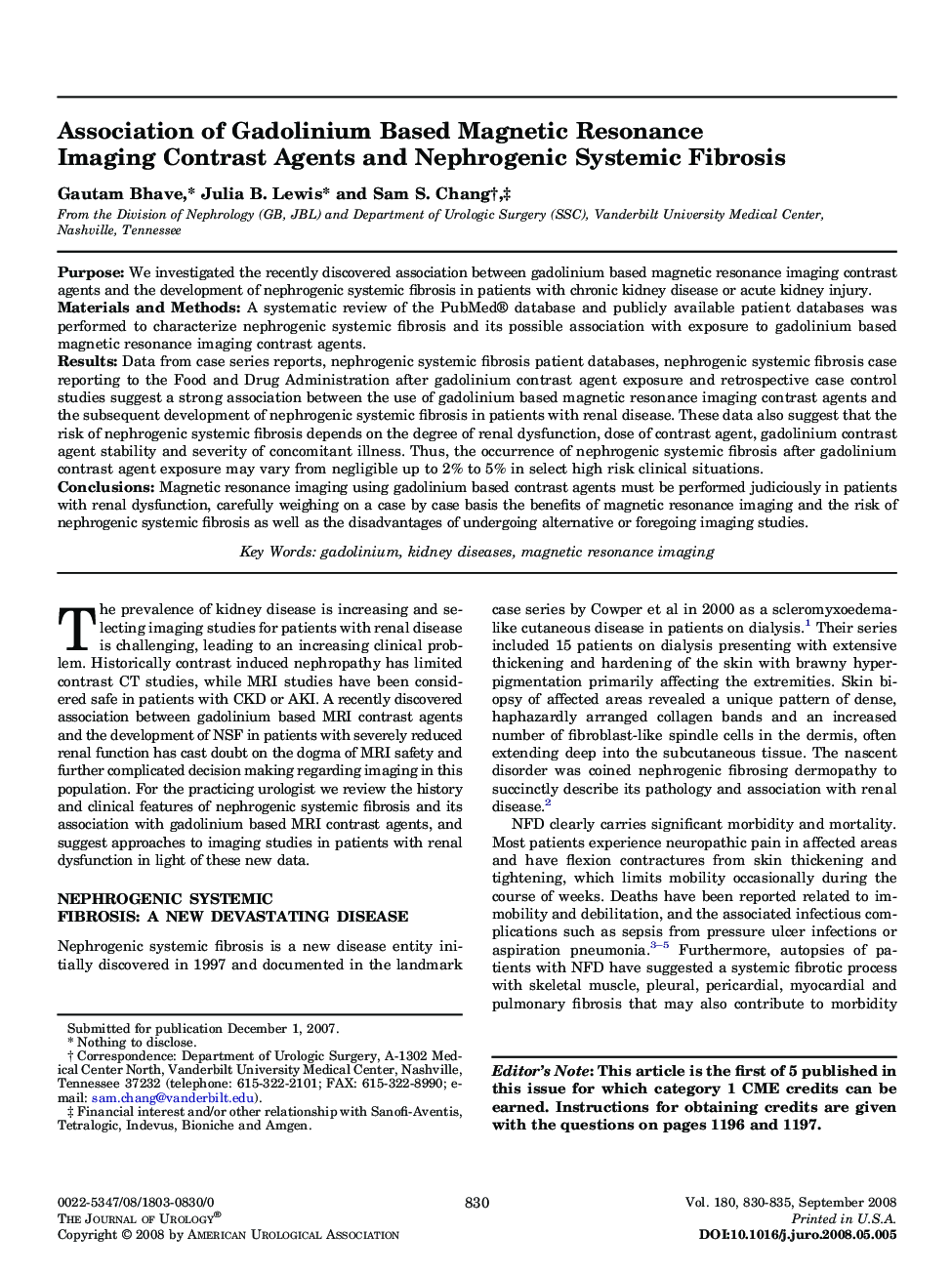 Association of Gadolinium Based Magnetic Resonance Imaging Contrast Agents and Nephrogenic Systemic Fibrosis 