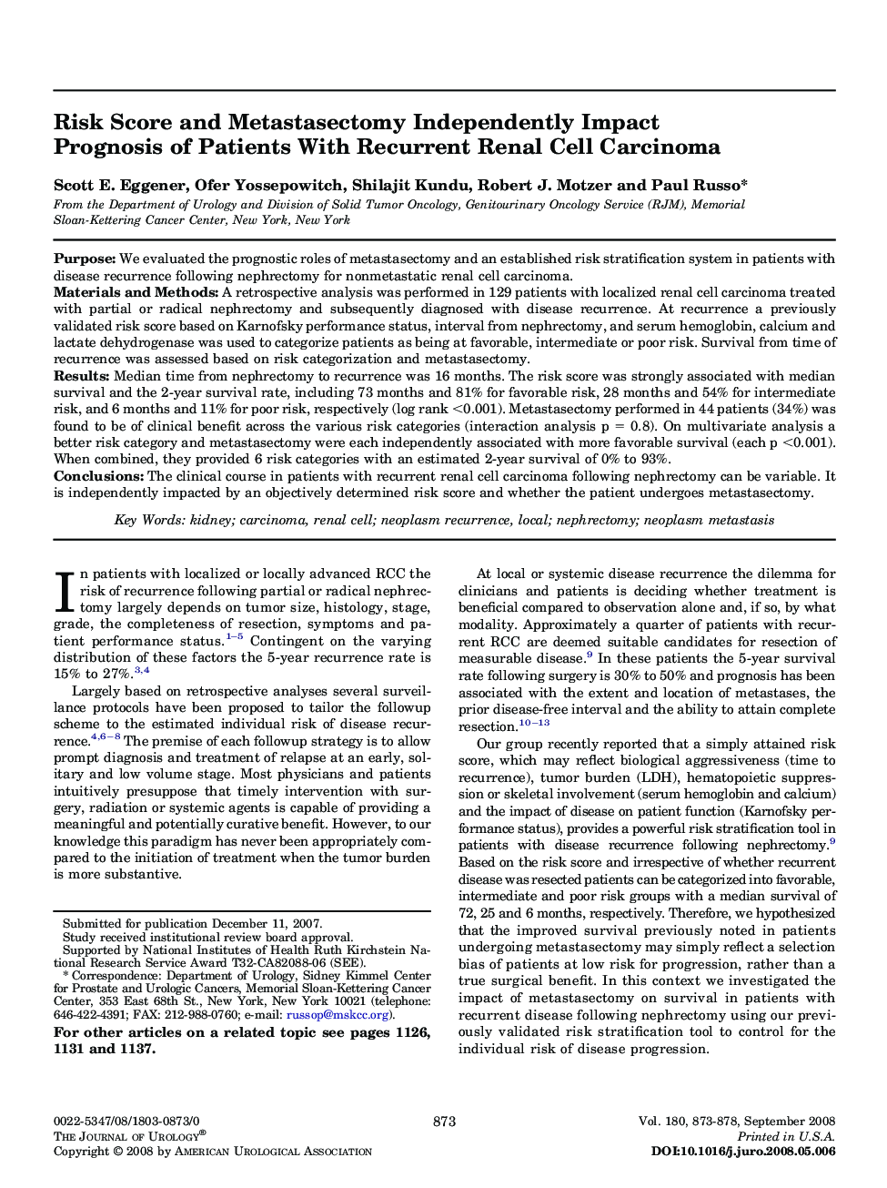 Risk Score and Metastasectomy Independently Impact Prognosis of Patients With Recurrent Renal Cell Carcinoma 