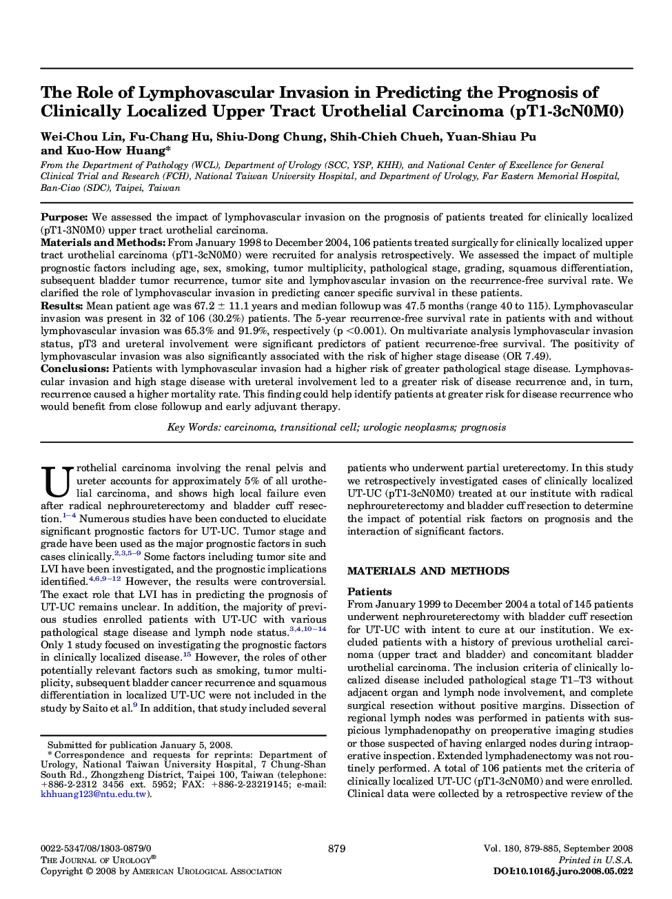 The Role of Lymphovascular Invasion in Predicting the Prognosis of Clinically Localized Upper Tract Urothelial Carcinoma (pT1-3cN0M0)