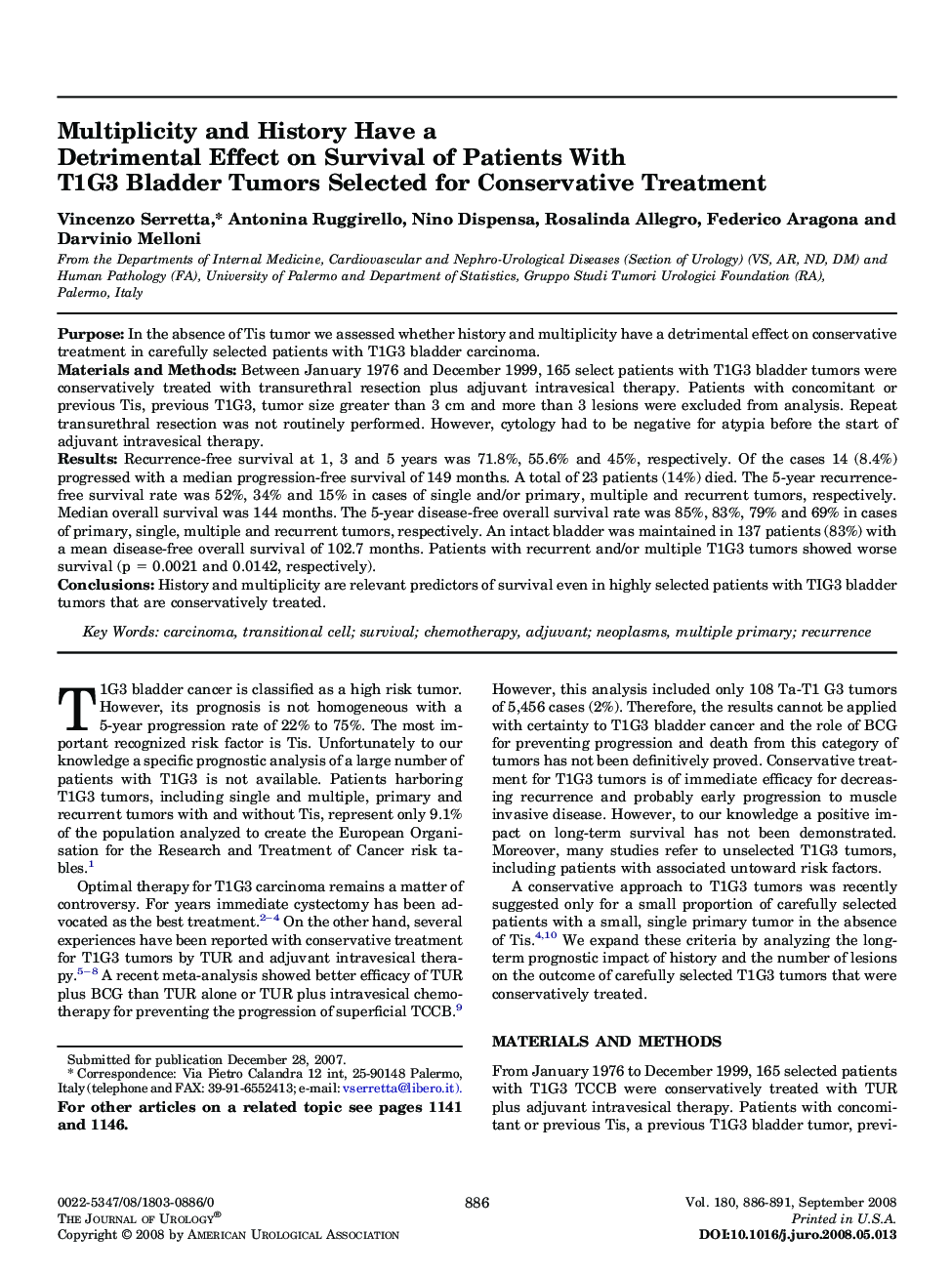 Multiplicity and History Have a Detrimental Effect on Survival of Patients With T1G3 Bladder Tumors Selected for Conservative Treatment 