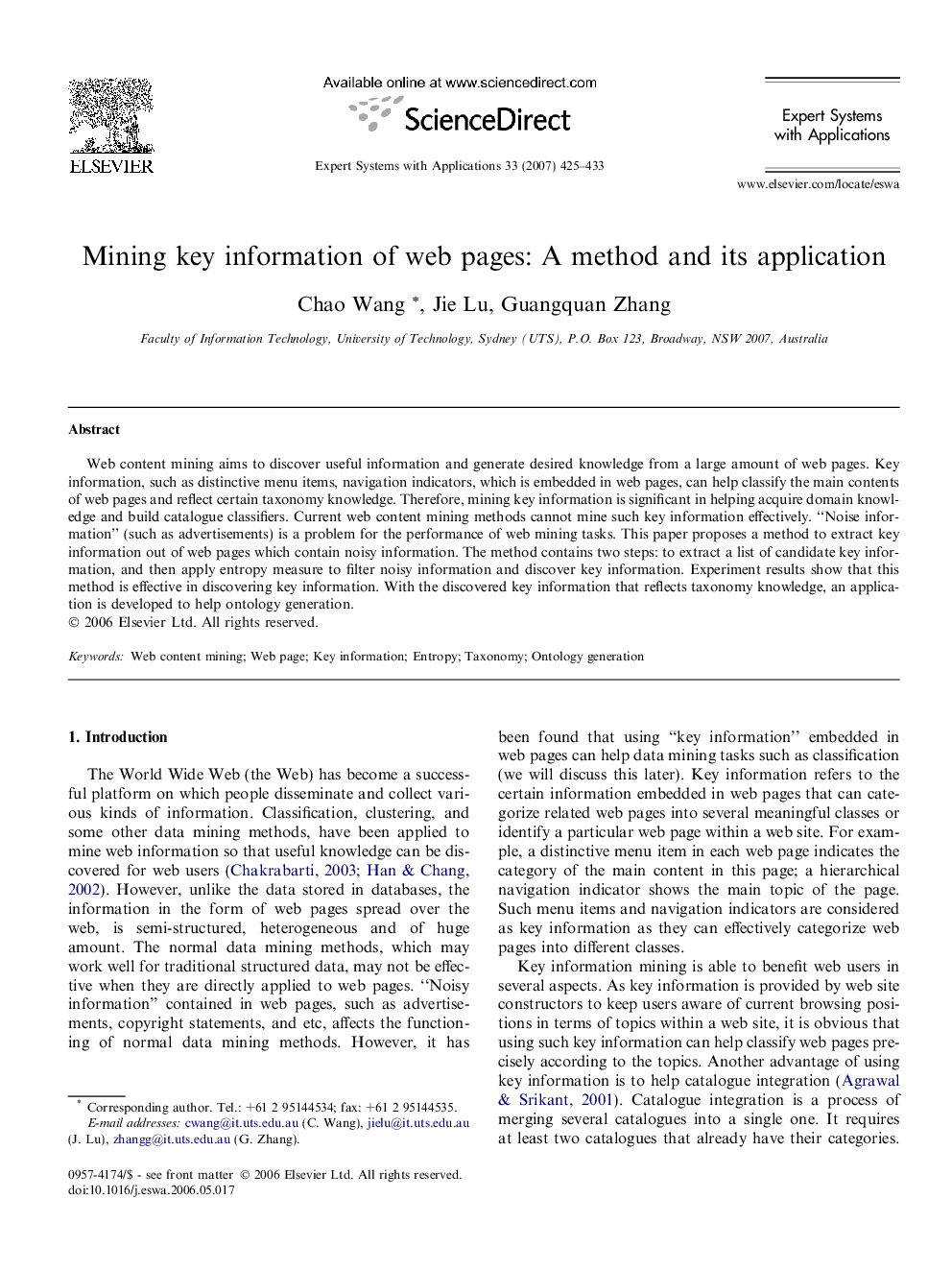 عکس صفحه اول مقاله: Mining key information of web pages: A method and its application Mining key information of web pages: A method and its application