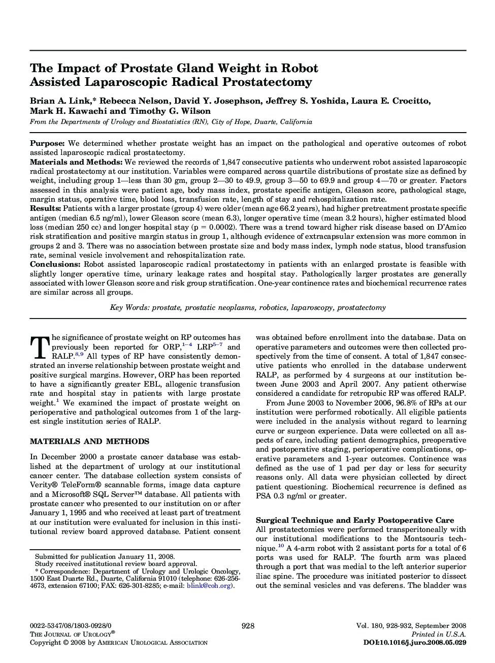 The Impact of Prostate Gland Weight in Robot Assisted Laparoscopic Radical Prostatectomy