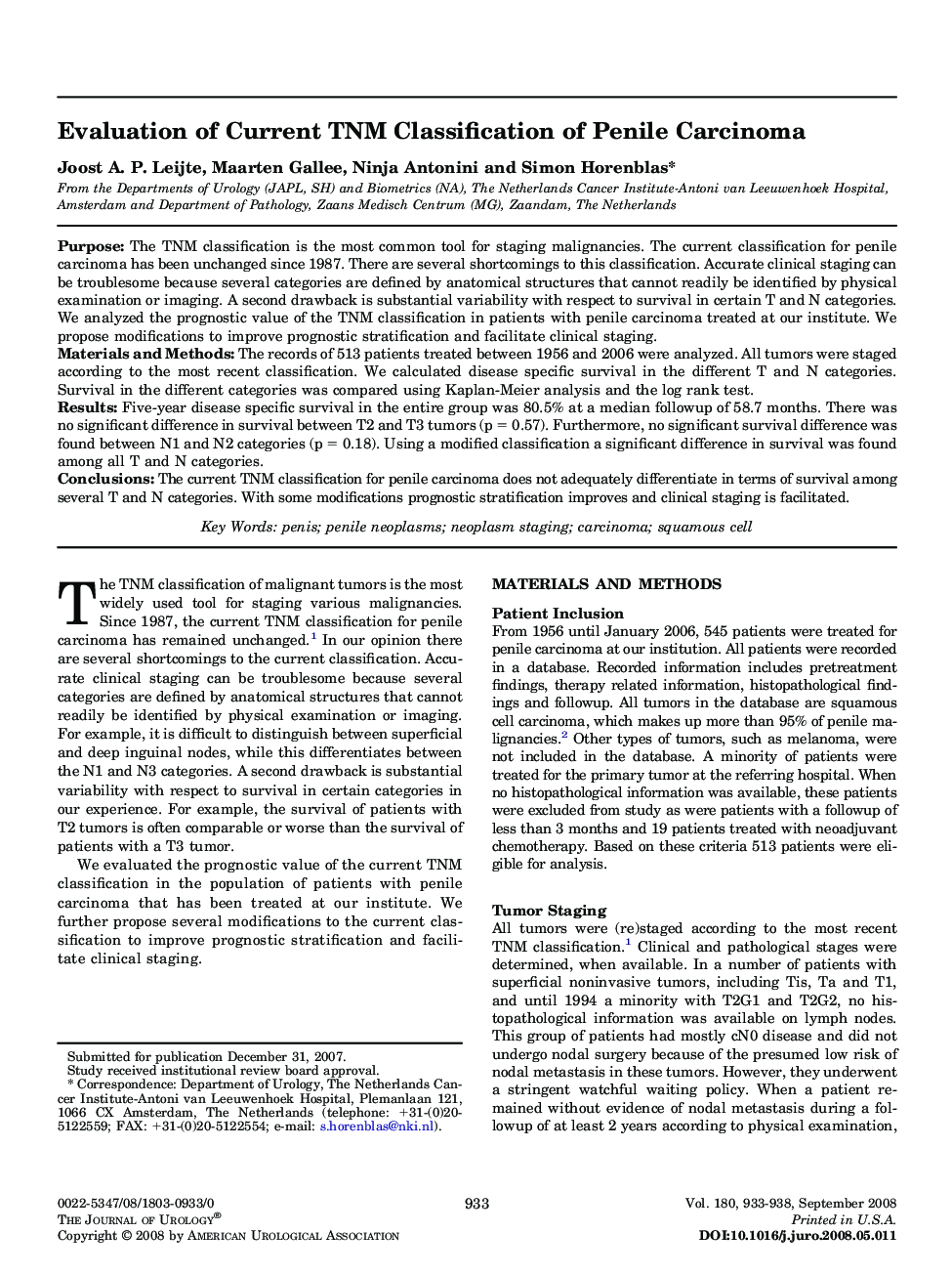 Evaluation of Current TNM Classification of Penile Carcinoma 